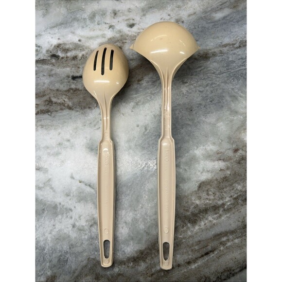 Vtg Ekco Almond Beige Ladle And Slotted Serving Cooking Spoon Utensil Tool USA - Picture 2 of 7